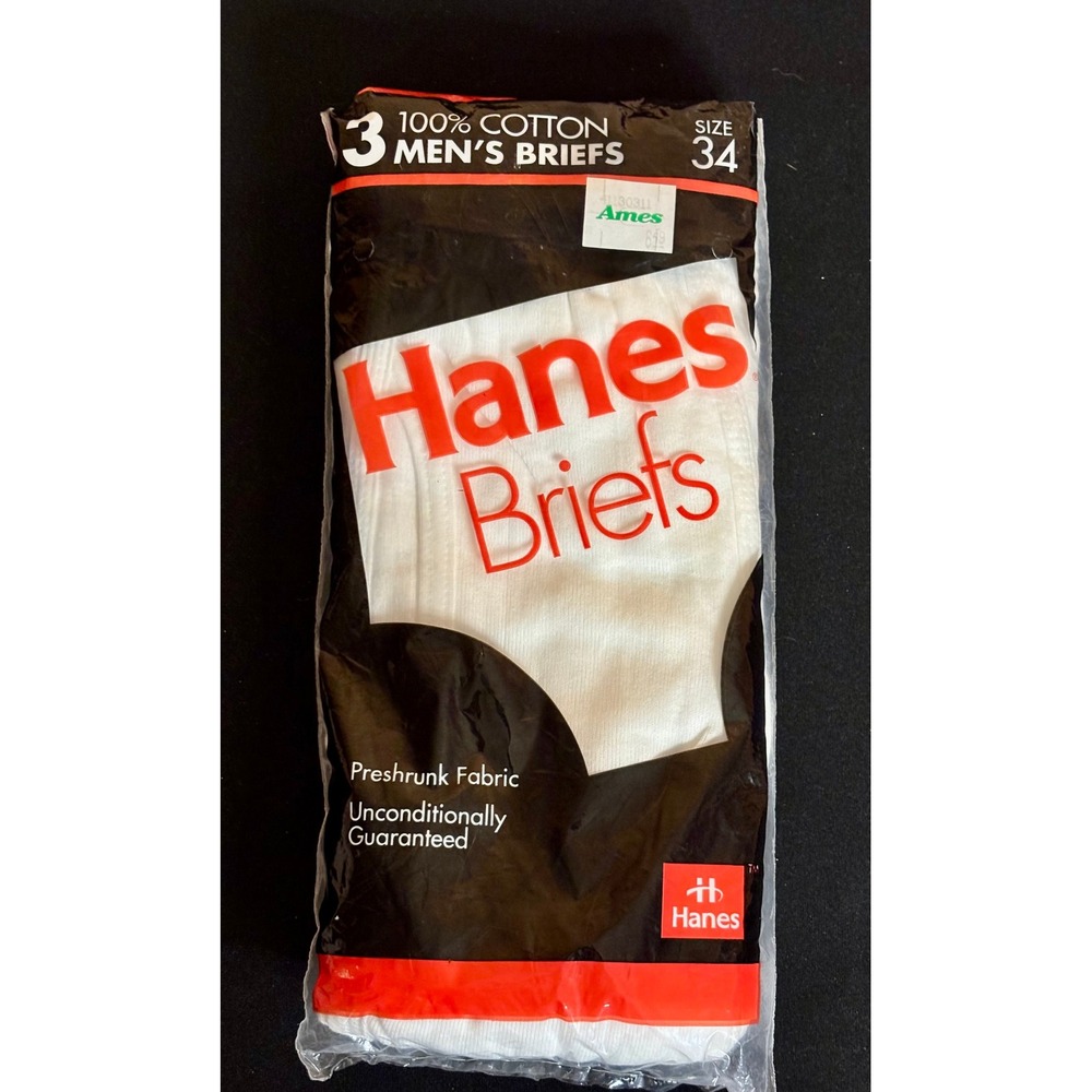 Vintage 1992 Hanes Mens Briefs 3 Pack White 100% Cotton Sz 34 New Old Stock USA